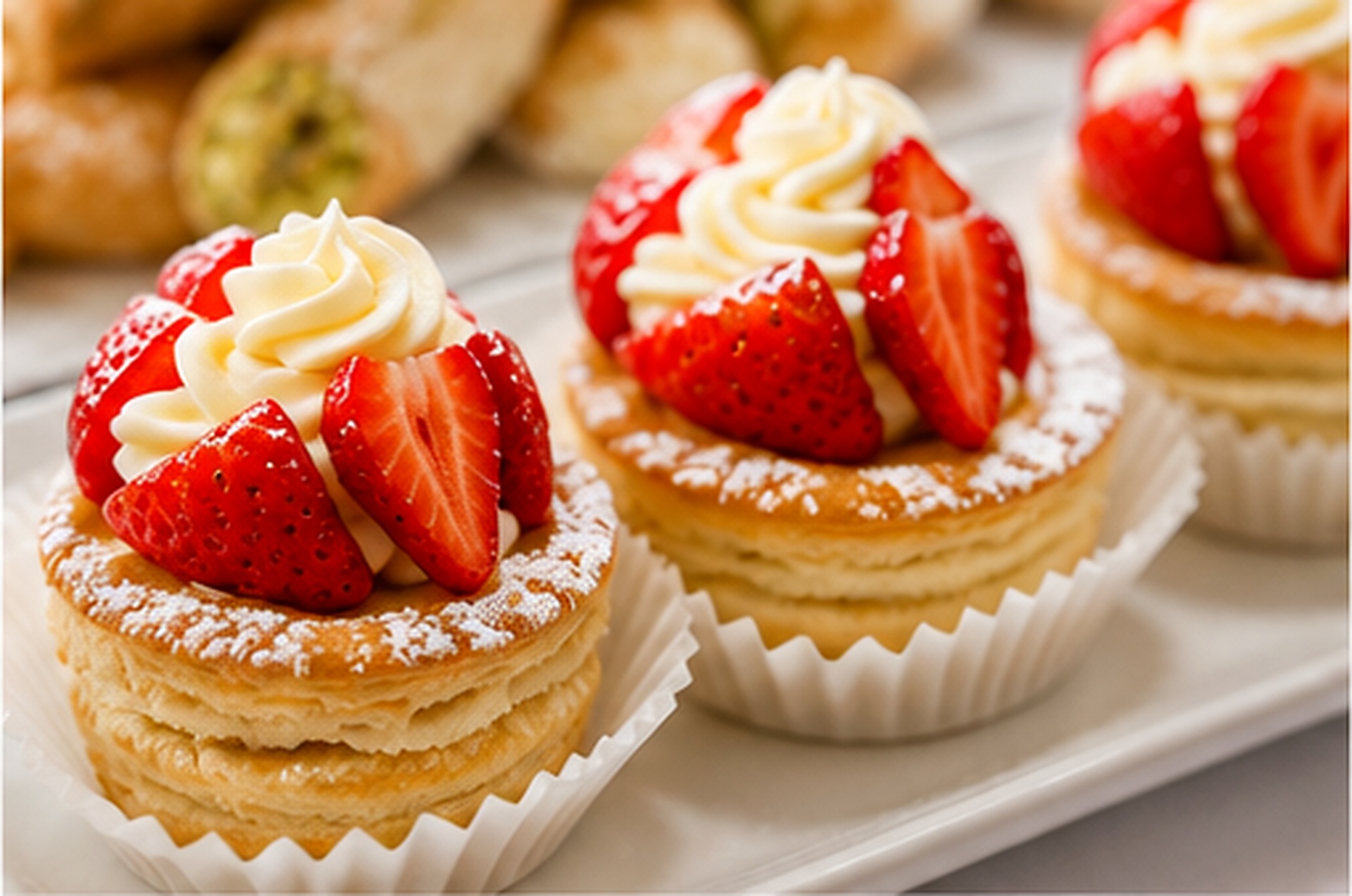Strawberry beignets topped with fresh whipped cream and sliced strawberries