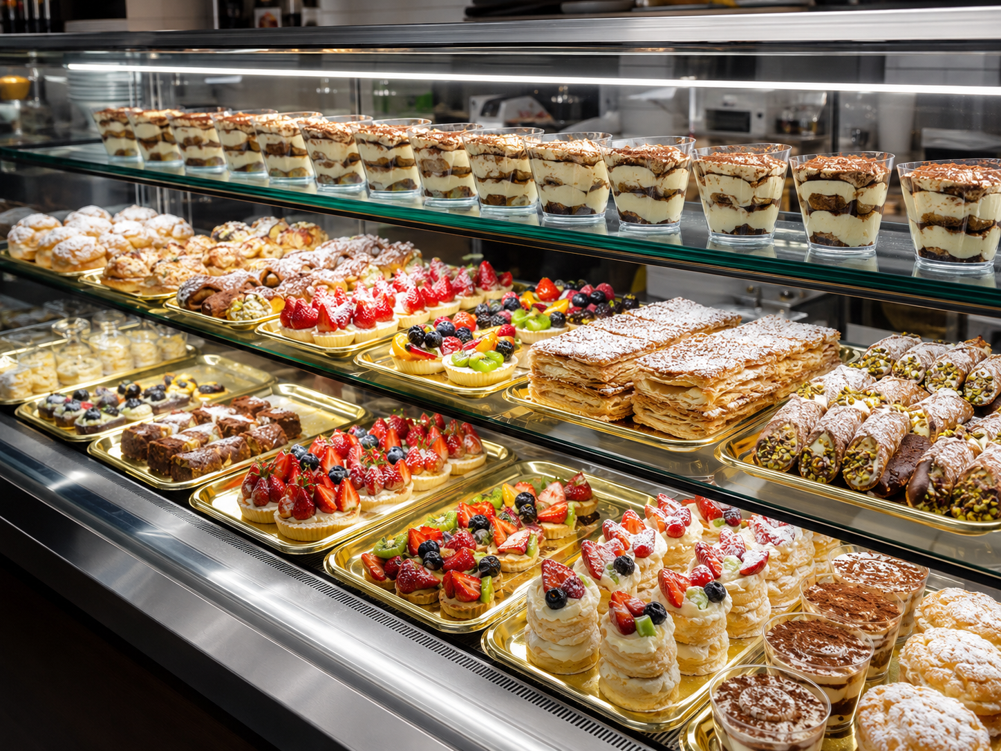 Fellini pastry case filled with tiramisù cups, cannoli, fruit tarts and sfogliatelle
