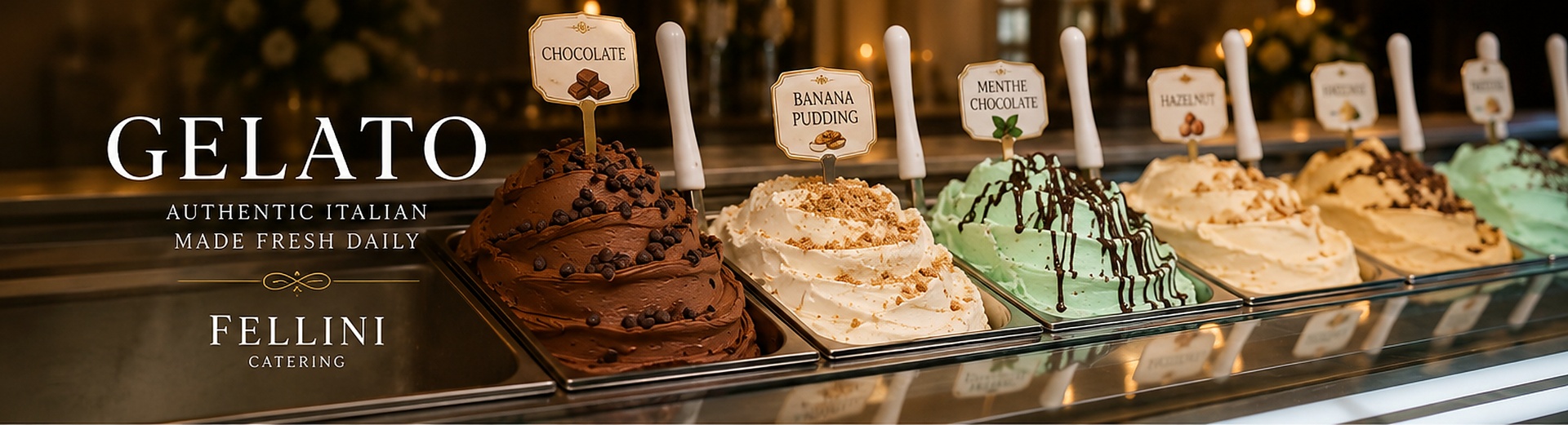 Elegant Italian gelato display case with brass lids