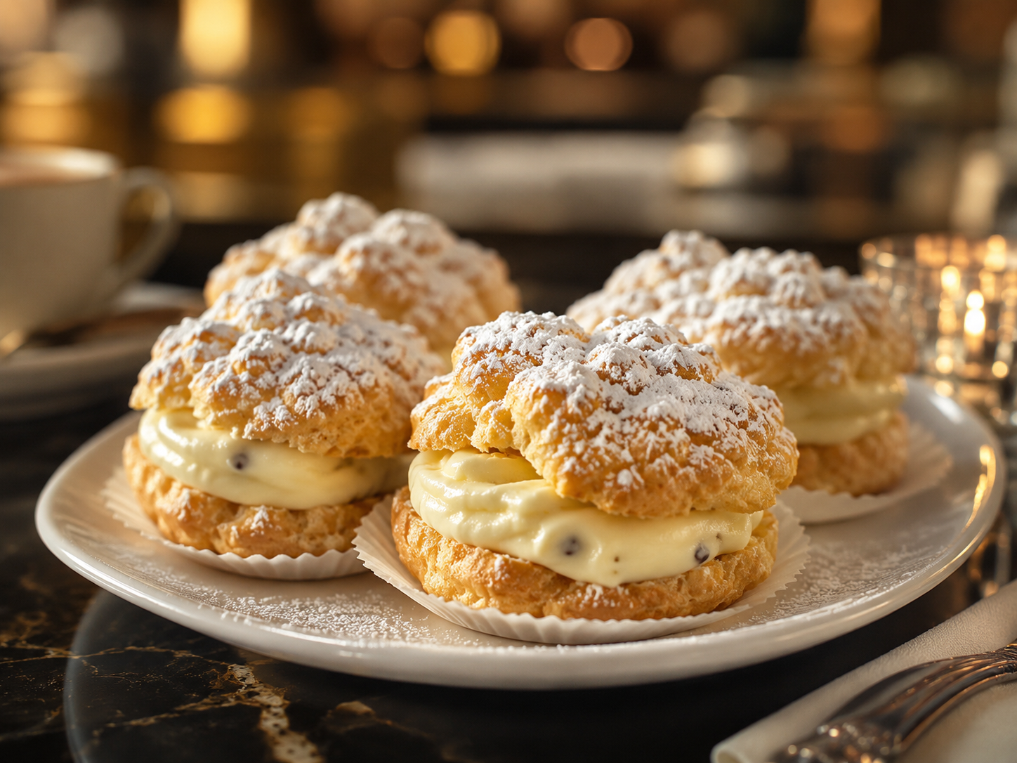 Italian cream puffs filled with vanilla pastry cream and dusted with powdered sugar