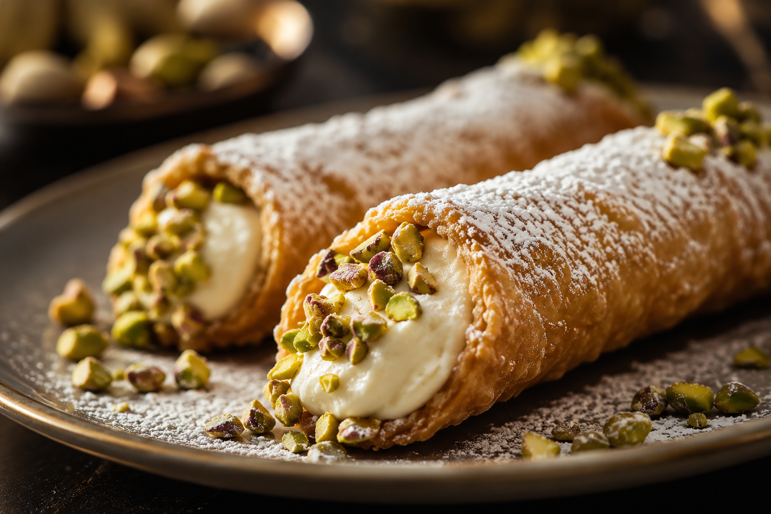 Fresh-filled Sicilian cannoli dusted with powdered sugar and topped with pistachio