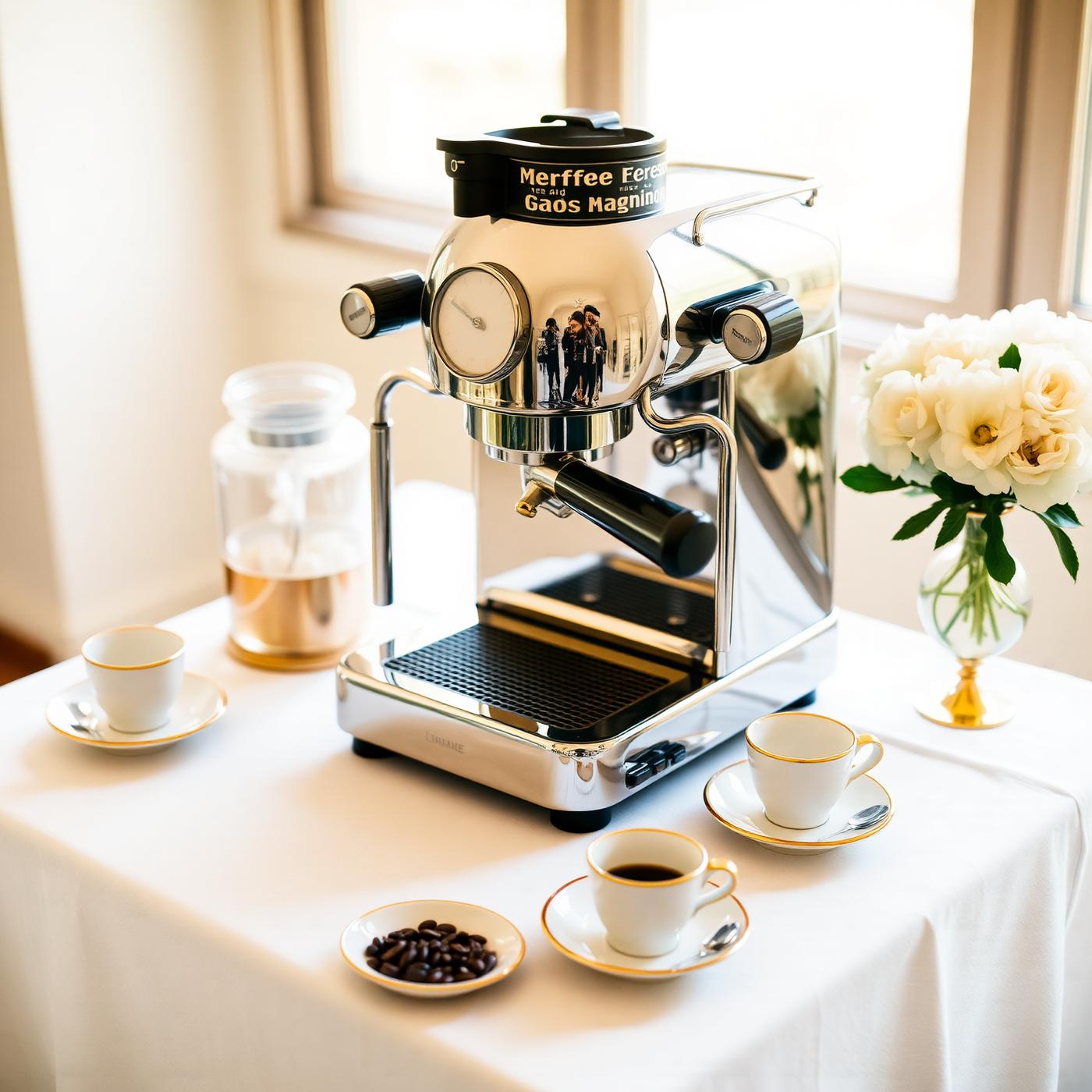Italian espresso machine setup on white tablecloth
