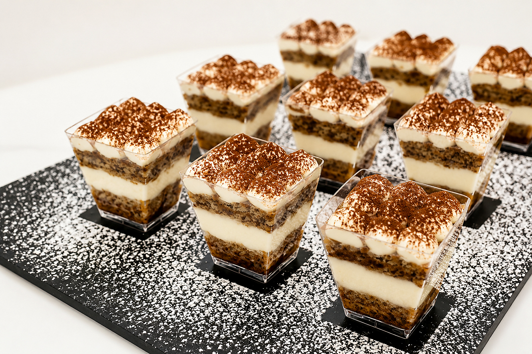 Rows of freshly layered tiramisù cups dusted with cocoa on a black slate board.